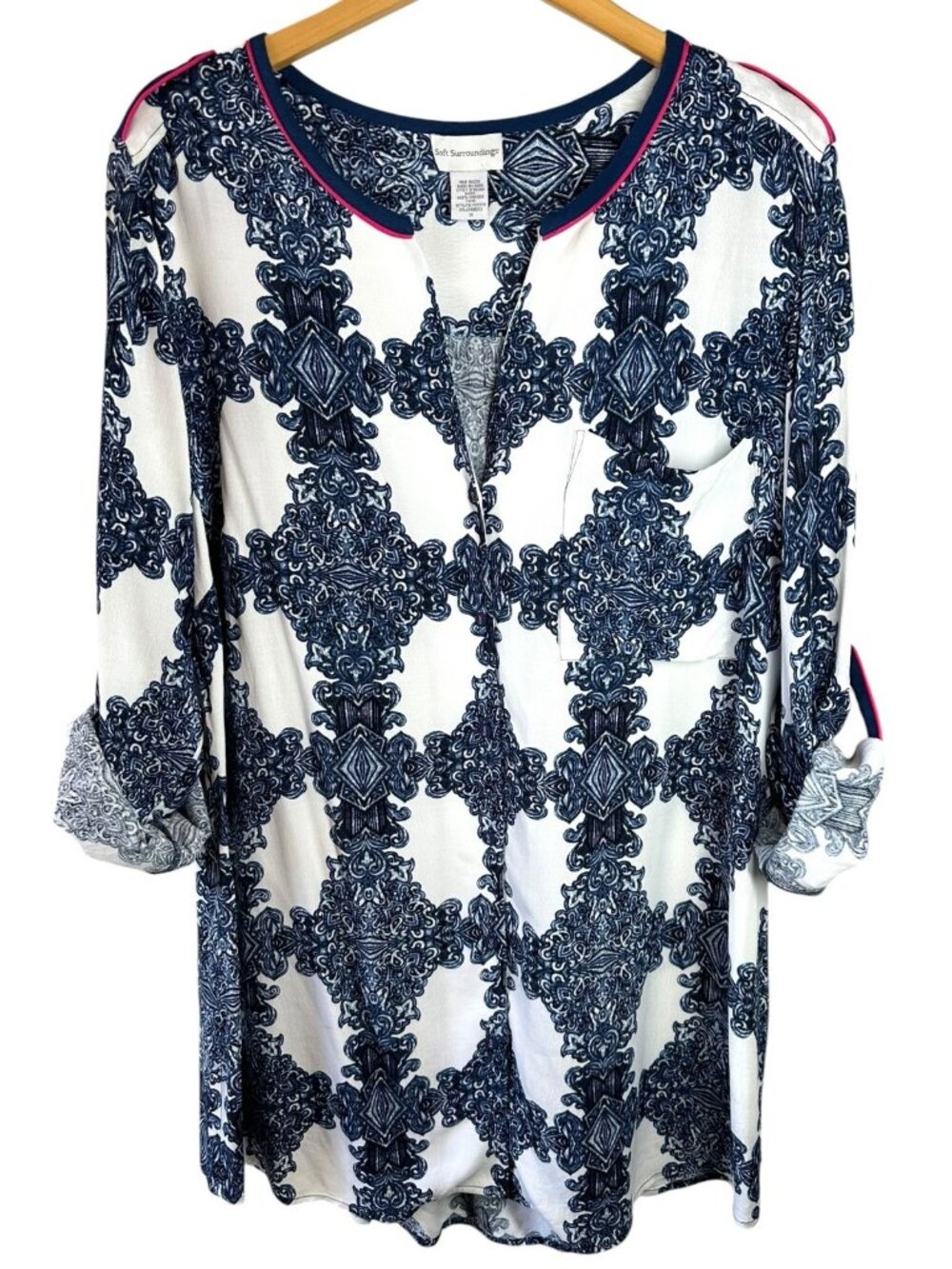 Soft Surroundings 1X White Navy Scroll Print Tunic Top Pink Trim Roll Tab Sleeve - Picture 2 of 6